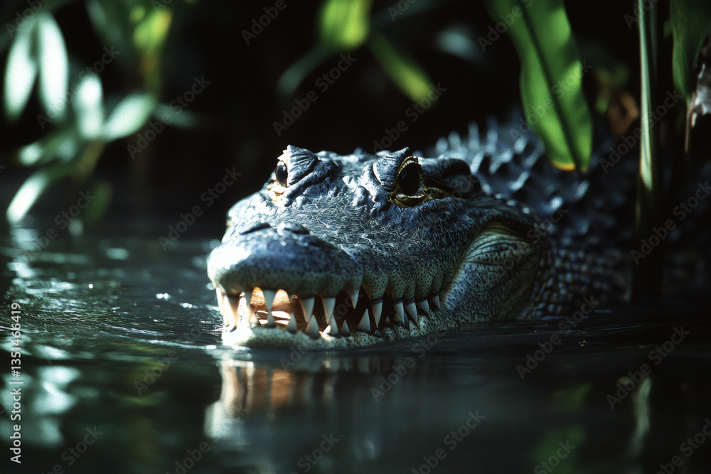 Alligator With Open Jaws Emerging From Dark Water Alligator With Open Jaws Emerging From Dark Water