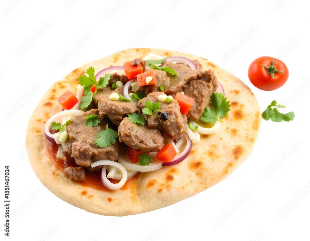 Delicious kebab with pita bread, tomatoes, onions and cilantro Delicious kebab with pita bread, tomatoes, onions and cilantro
