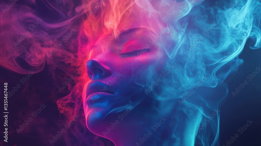 A conceptual portrait where a human figure dissolves into swirling neon-colored smoke, surreal and artistic A conceptual portrait where a human figure dissolves into swirling neon-colored smoke, surreal and artistic