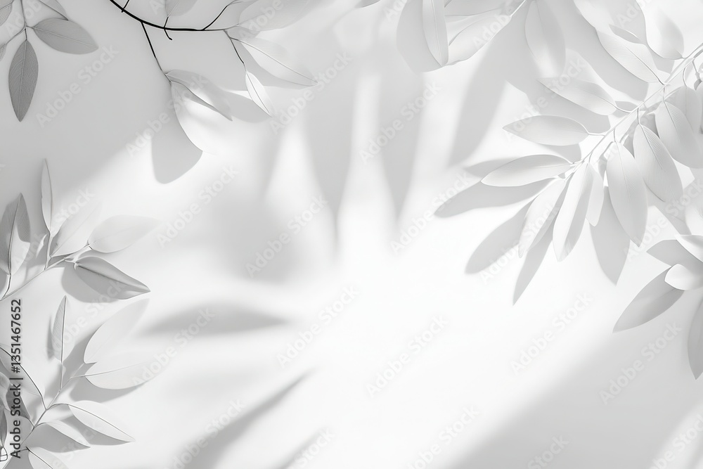 Elegant White Botanical Arrangement Leaves, Branches and Light Shadow Overlay Elegant White Botanical Arrangement Leaves, Branches and Light Shadow Overlay