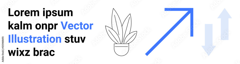 Obraz premium Potted plant, upward arrow, and abstract text symbolize growth, success, creativity, and progress. Ideal for business, productivity, ecology modern design finance education and flat landing page