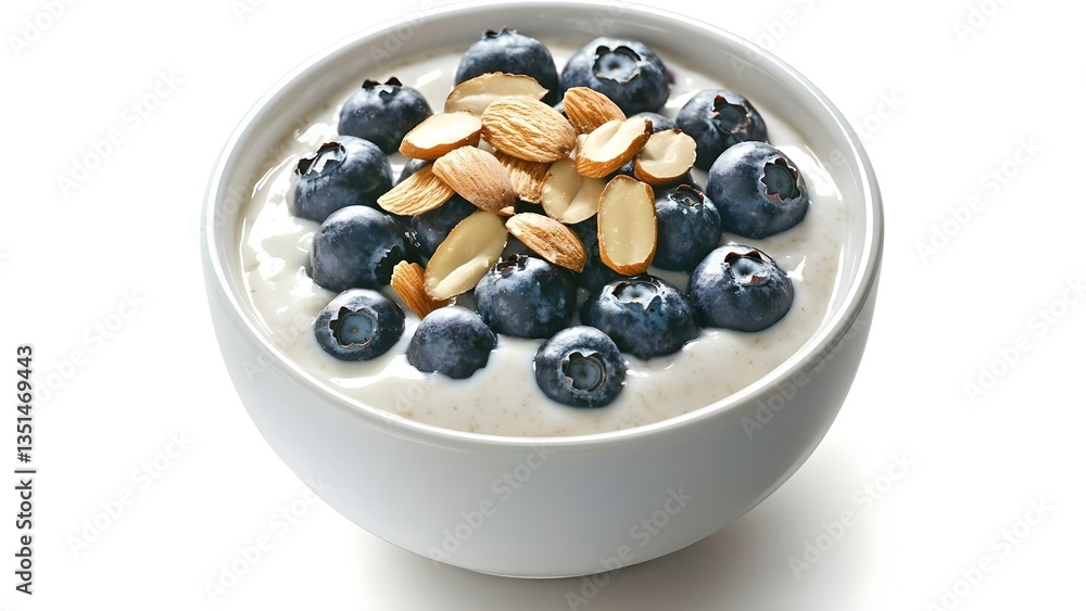 A bowl of yogurt topped with fresh blueberries and sliced almonds. Concept Healthy Breakfast Ideas, Nutritious Snacks, Yogurt Toppings, Blueberry Benefits, Almond Nutrition A bowl of yogurt topped with fresh blueberries and sliced almonds. Concept Healthy Breakfast Ideas, Nutritious Snacks, Yogurt Toppings, Blueberry Benefits, Almond Nutrition