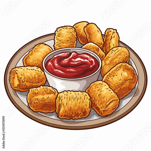 Cartoon Tater Tots with Ketchup on Plate