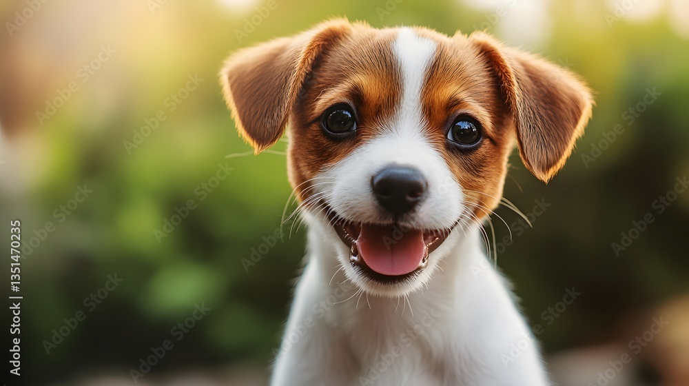 A joyful dog with a big smile sitting happily outdoors, radiating happiness and playfulness against a natural background A joyful dog with a big smile sitting happily outdoors, radiating happiness and playfulness against a natural background