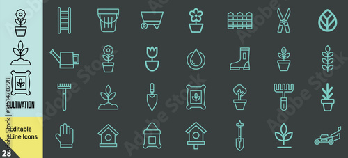 Gardening line icons set, 28 cultivation vector symbols for horticulture and landscaping, teal outline garden tools and plant growth icons on dark background, editable stroke eps graphics