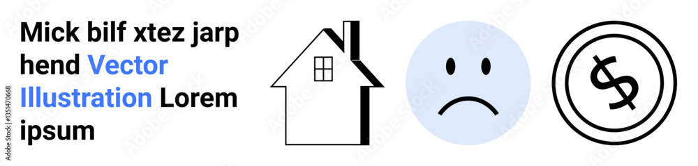 House silhouette, sad face in blue circle, crossed dollar sign in black. Ideal for financial struggles, housing crisis, budget issues, mortgage stress, cost of living, emotional stress abstract line House silhouette, sad face in blue circle, crossed dollar sign in black. Ideal for financial struggles, housing crisis, budget issues, mortgage stress, cost of living, emotional stress abstract line