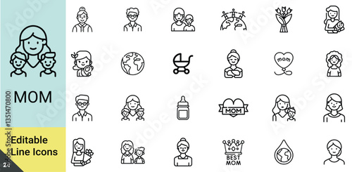 Motherhood and Family Line Icons Set – Editable Outline Symbols, mom icons, motherhood, family icons, mother and child, parenting symbols, maternal love, mom and baby, mother care, family bonding