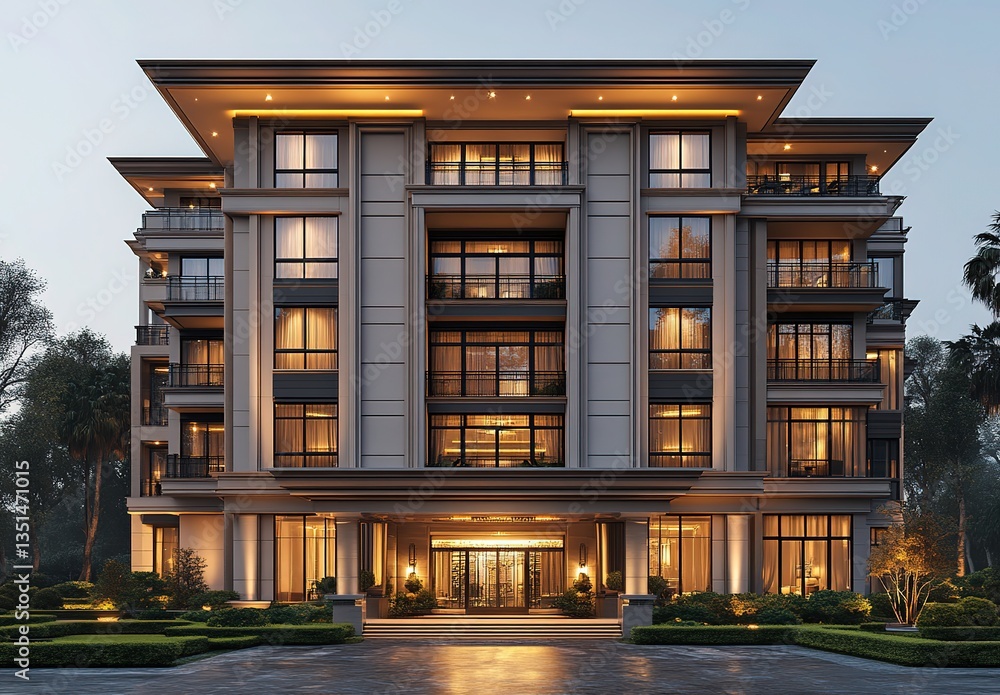 Luxurious MultiStory Residence, Elegant Exterior Facade with Balconies and Manicured Grounds Luxurious MultiStory Residence, Elegant Exterior Facade with Balconies and Manicured Grounds