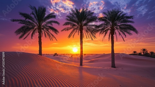 Vibrant sunset casting warm hues over desert dunes and three silhouetted palm trees