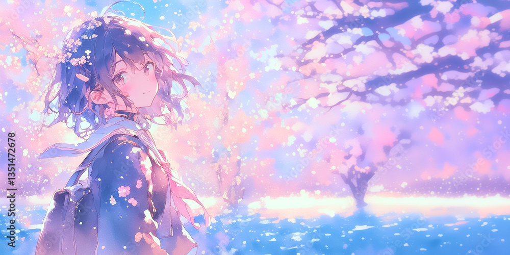 新生活の喜びを感じている少女。桜。水彩。水彩画。イラスト。バナー素材。背景素材。