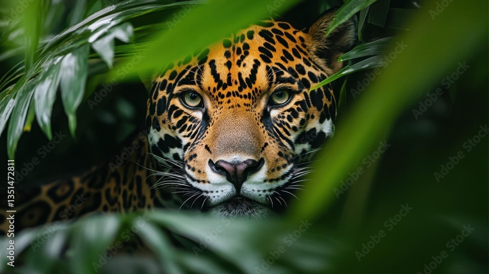 Jaguar Staring Through Dense Green Foliage in Lush Jungle Environment Jaguar Staring Through Dense Green Foliage in Lush Jungle Environment