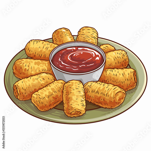Cartoon Tater Tots with Ketchup on Plate