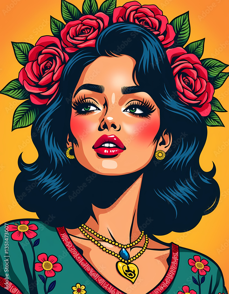 Obraz premium A vibrant pop art portrait of a woman with a floral headdress, capturing the essence of Mexican culture and beauty