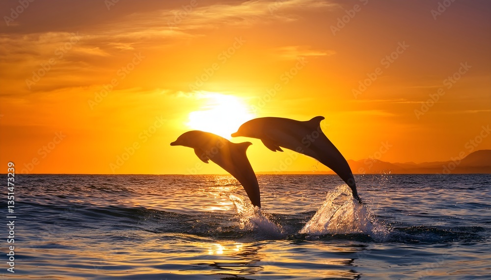 Fototapeta premium Two dolphins playfully jumping out of the ocean, forming a heart shape.