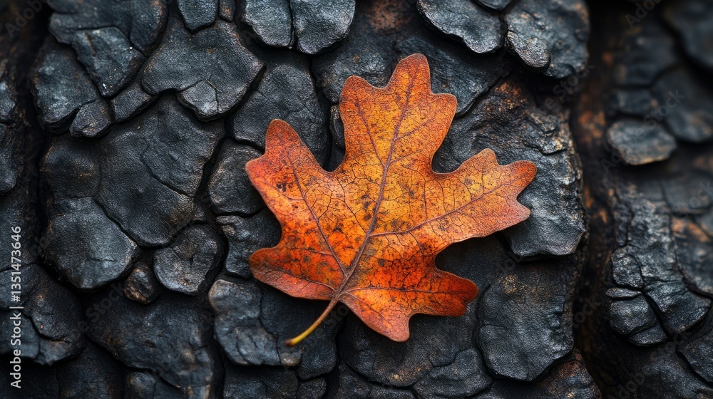 A vibrant orange maple leaf sits on blackened bark, showcasing nature's beauty and transformation A vibrant orange maple leaf sits on blackened bark, showcasing nature's beauty and transformation