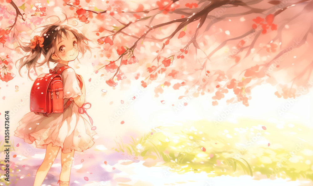 Fototapeta premium 新生活の喜びを感じている少女。桜。水彩。水彩画。イラスト。バナー素材。背景素材。