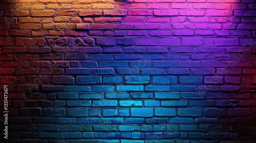 Modern futuristic neon lights on old grunge brick wall room background. 3d rendering.