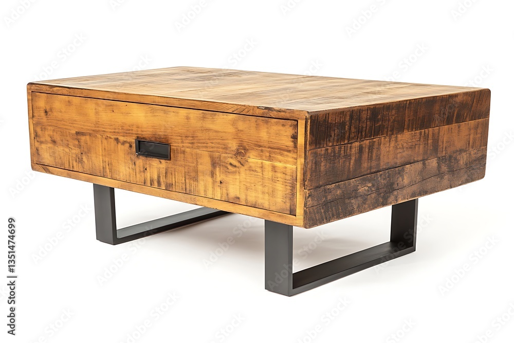 Rustic wooden coffee table with drawer on steel legs, white background, for furniture catalog use Rustic wooden coffee table with drawer on steel legs, white background, for furniture catalog use