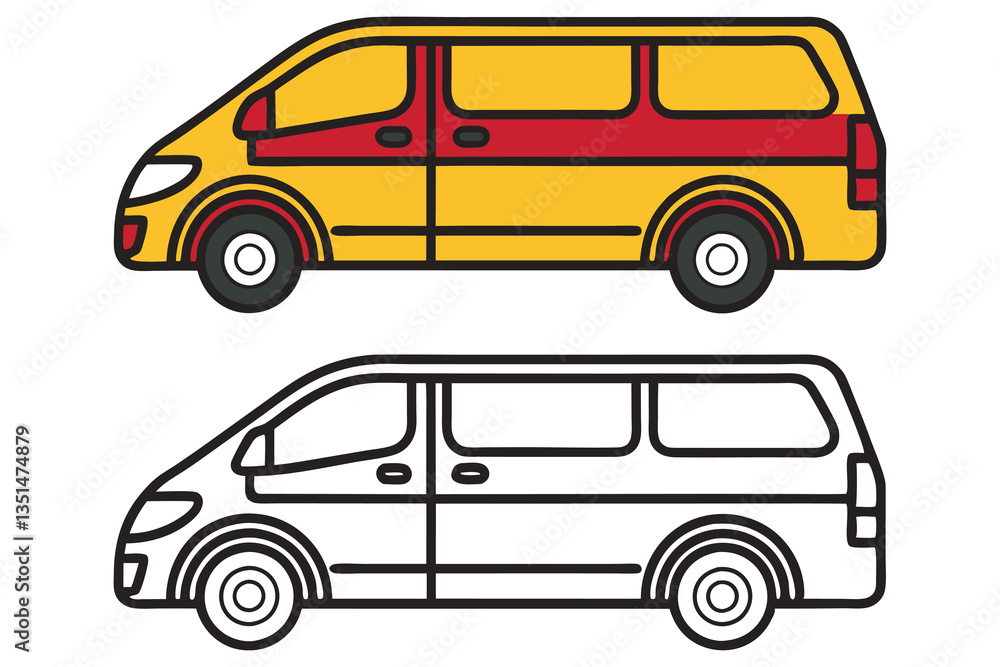 A Colorful Illustration of a Family Minivan and its Outline for Coloring A Colorful Illustration of a Family Minivan and its Outline for Coloring