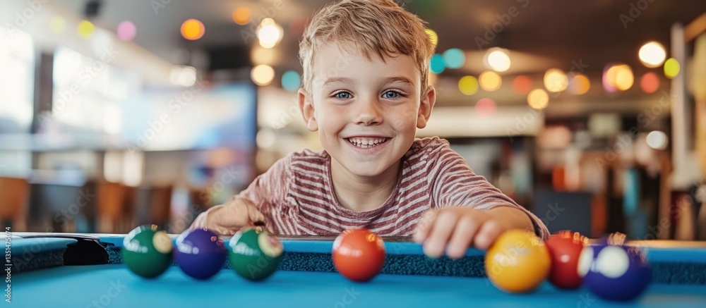 Fototapeta premium Happy boy playing pool in a game room