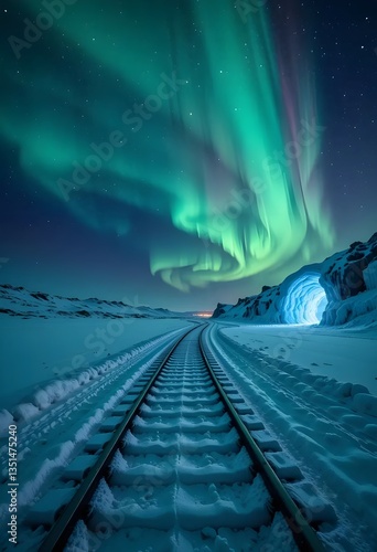 Aurora lights over snowy railway tunnel at night sky