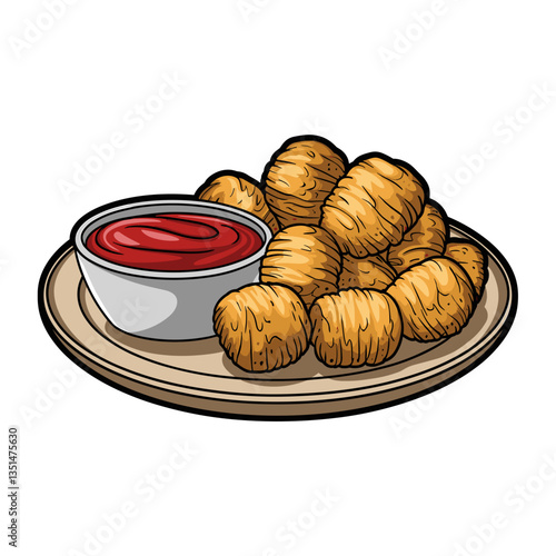 Cartoon Tater Tots with Ketchup on Plate