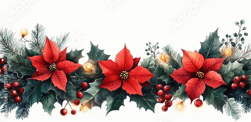 Watercolor Poinsettias, Holly, Berries, Pine Branches, Festive Garland & String Lights