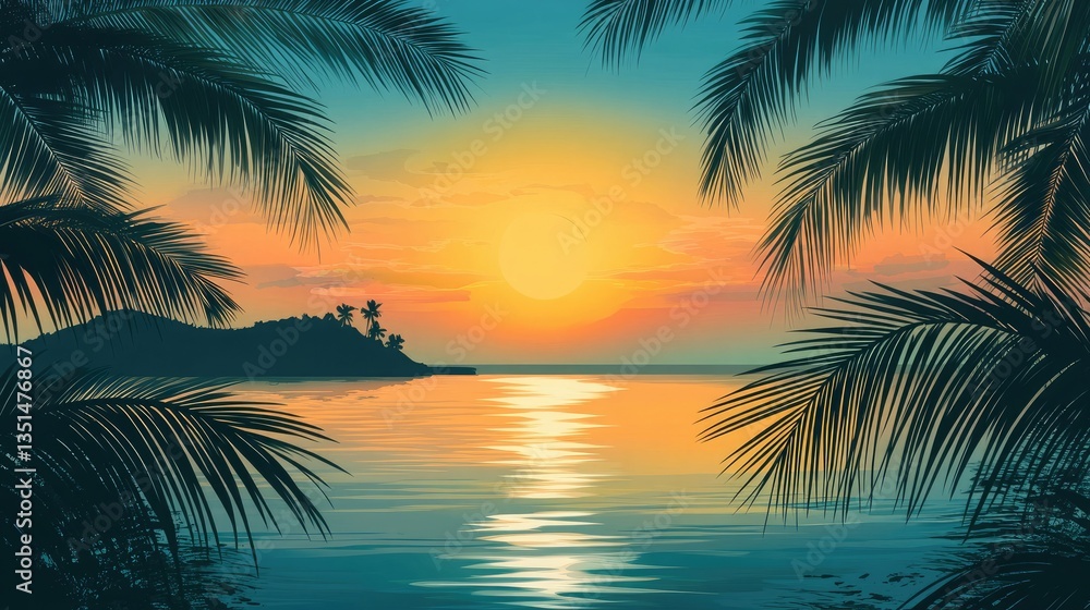 Obraz premium Tropical Island Sunset Palm Tree Silhouette, Golden Hour, Ocean View, Summer Vacation