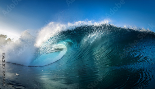 paisaje marino con el mar y una gran ola azul perfecta para hacer surf