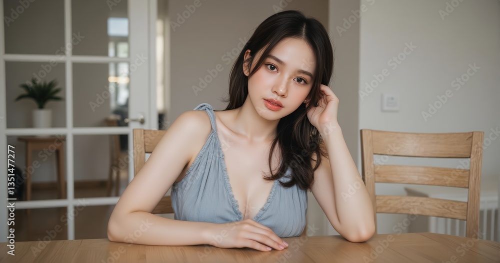 A refined woman with silky black hair, luminous skin, and a gentle expression, leaning on a wooden table with grace. The soft housedress and beige background contribute to the beauty and self-care the A refined woman with silky black hair, luminous skin, and a gentle expression, leaning on a wooden table with grace. The soft housedress and beige background contribute to the beauty and self-care the