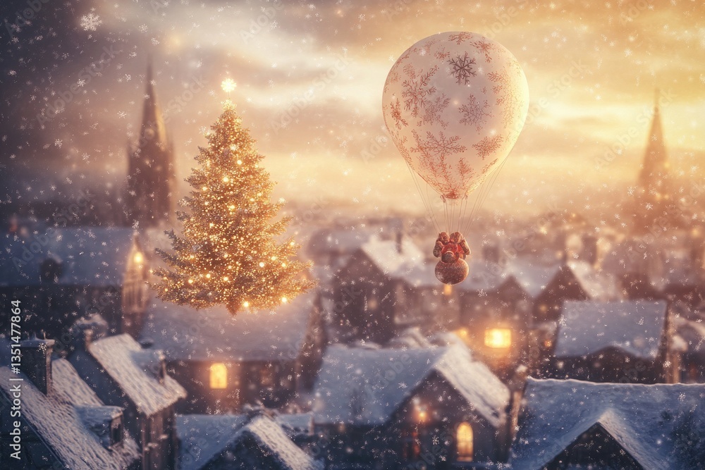 Naklejka premium A floating Christmas tree held up by giant balloons, drifting above a snowy village