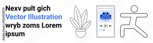 Potted plant, mobile screen with meditation app, and a minimal figure doing yoga. Ideal for wellness, fitness, relaxation, mindfulness, meditation health apps minimalism. Perfect flat landing page