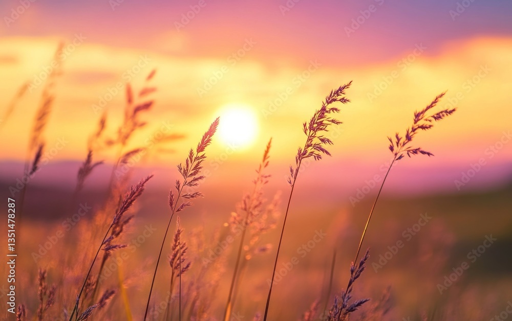 Obraz premium Tall grass blades silhouetted against a vibrant sunset sky