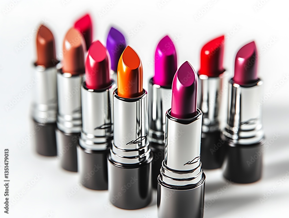 Obraz premium Collection of lipsticks in vibrant colors and sleek designs, isolated on white, capturing their elegant and modern aesthetics.