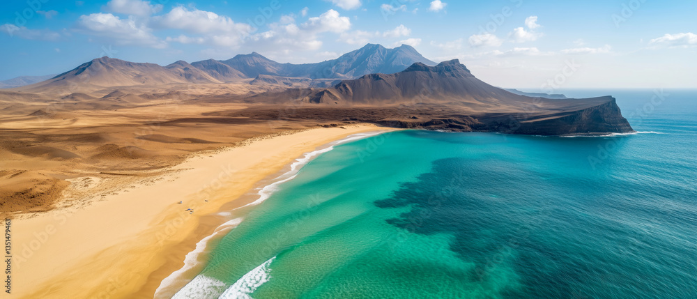 Obraz premium Aerial view of serene beach and mountains lanzarote nature landscape tropical environment panoramic perspective