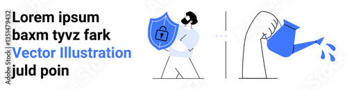 Person holding shield with lock icon symbolizes data security. Watering hands nurturing idea represents growth, innovation, productivity. Ideal for security, innovation, startup, progress, concept