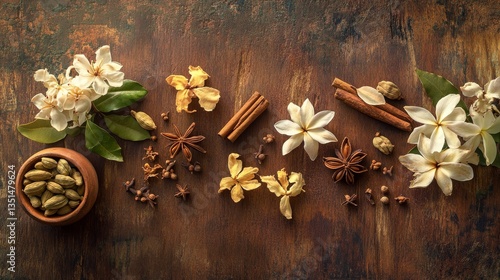 Fototapeta Naklejka Na Ścianę i Meble -  Traditional kerala spices and flowers still life arrangement for culinary and aromatic inspiration.Vishu day.