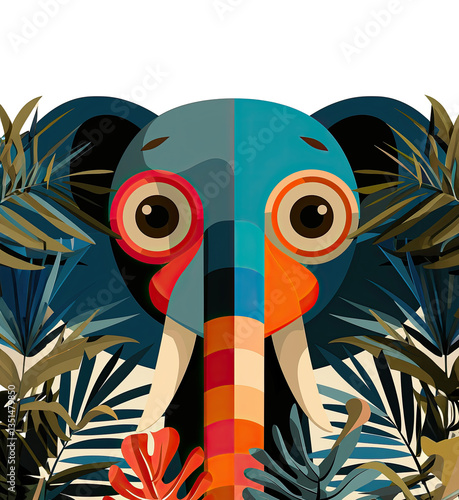 Obraz na płótnie a colorful, stylized illustration of an elephant with a geometric, almost abstract design. The elephant's face and body are composed of various shapes and colors, with large, expressive eyes w salonie