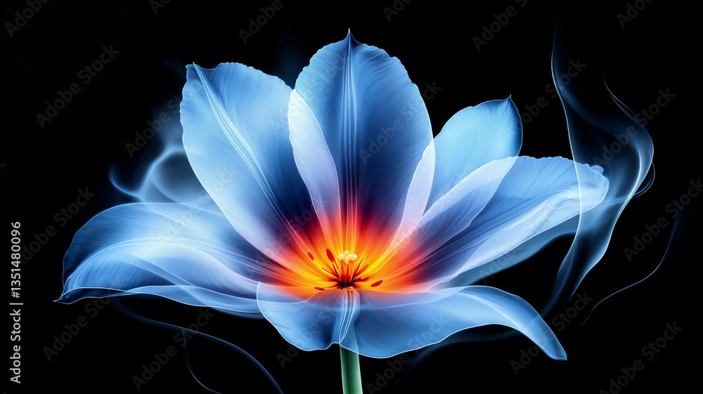Close-up view of a flower, its translucent petals outlined against a black background.
