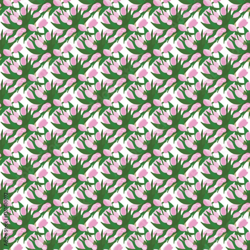 Seamless pattern with hand drawn pink tulips top view . Spring, 8 march background