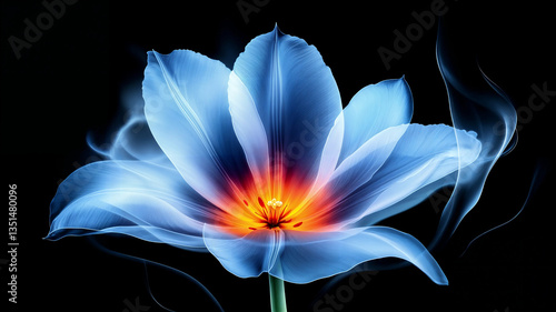 Close-up view of a flower, its translucent petals outlined against a black background.