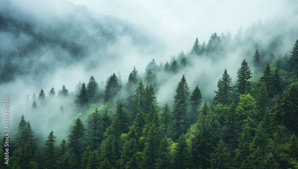Dense forest covered in fog on a mountainside landscape Dense forest covered in fog on a mountainside landscape