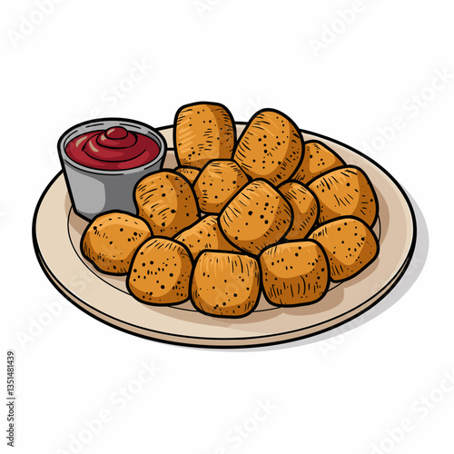 Cartoon Tater Tots with Ketchup on Plate
