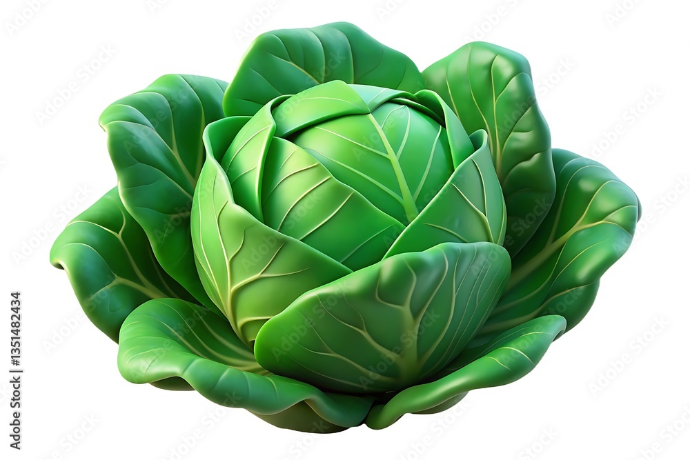 Obraz premium A vibrant, lush green cabbage, perfectly formed and bursting with freshness, showcasing its tightly wrapped leaves against a stark white background.