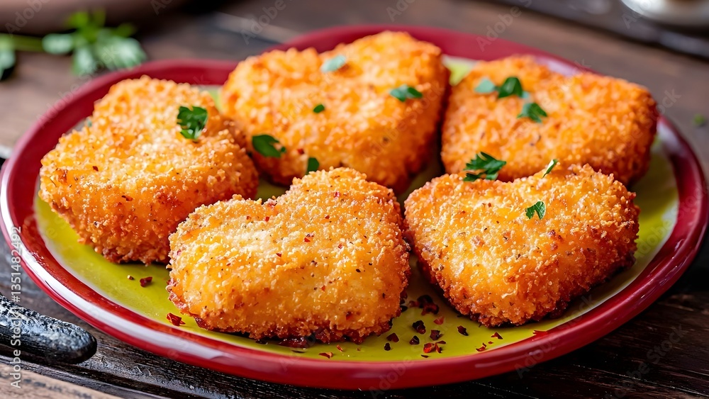 A plate of heart-shaped, golden-brown crispy fried snacks, garnished with chopped parsley. Concept Heart-Shaped Snacks, Crispy Fried Treats, Golden-Brown Delicacies, Garnished with Parsley A plate of heart-shaped, golden-brown crispy fried snacks, garnished with chopped parsley. Concept Heart-Shaped Snacks, Crispy Fried Treats, Golden-Brown Delicacies, Garnished with Parsley