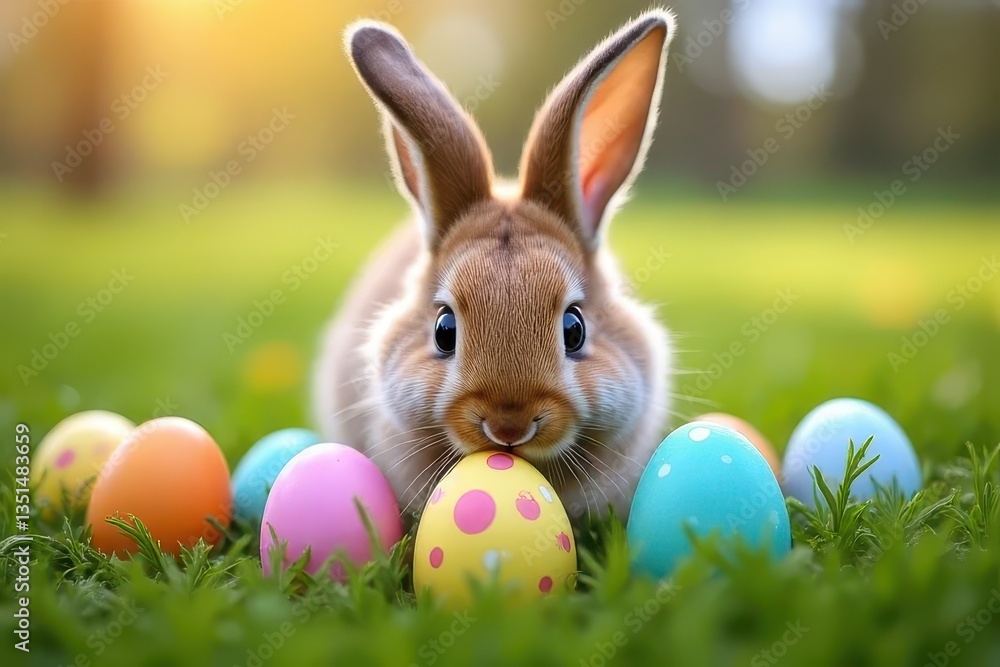 Rabbit's Easter Fun: Discovering Colourful Eggs Amidst Picturesque Meadow Rabbit's Easter Fun: Discovering Colourful Eggs Amidst Picturesque Meadow