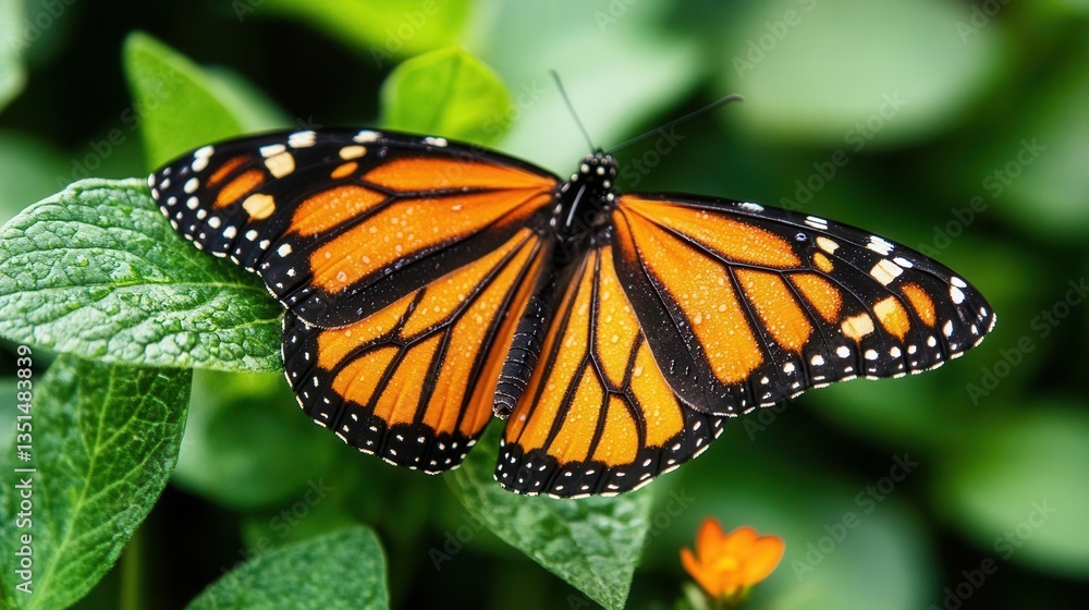 Monarch Butterfly Resting on Green Leaf in Vibrant Garden Environment with Stunning Colors Monarch Butterfly Resting on Green Leaf in Vibrant Garden Environment with Stunning Colors