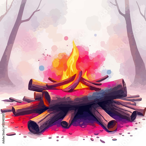 Holika Dahan watercolor poster campfire illustration