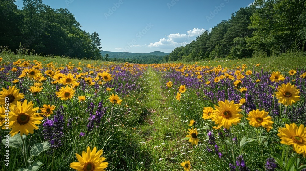 Fototapeta premium Sunflowers and wildflowers path through meadow, mountains in the background