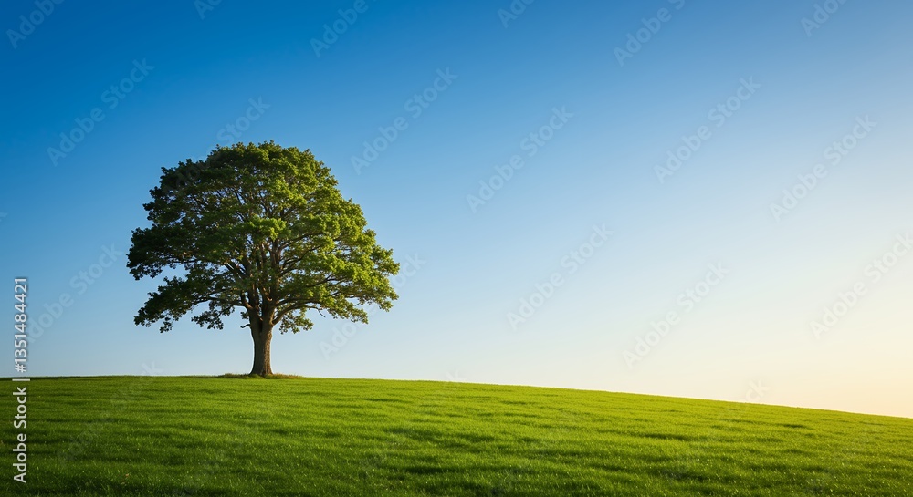 Solitary Tree on Green Hill Blue Sky Nature Scene Solitary Tree on Green Hill Blue Sky Nature Scene